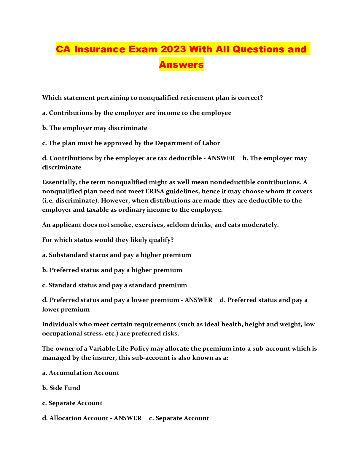 Preview image for CA Insurance Exam 2023 With All Questions and Answers